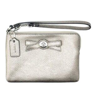 COACH Metallic Gunmetal Turnlock Bow Leather Wristlet - Like New!